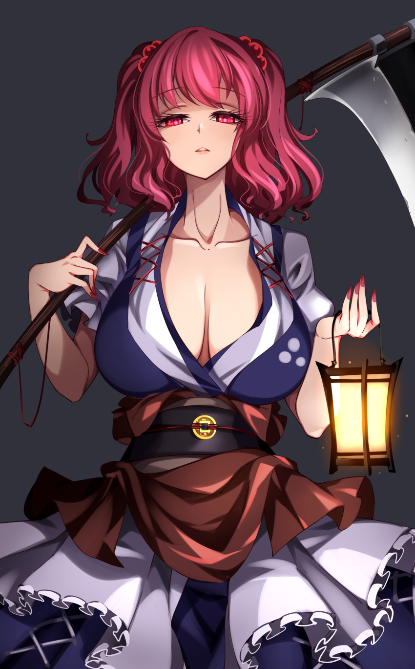 1girl absurdres blue_dress breasts coin coin_on_string collarbone dress eyebrows_visible_through_hair fingernails grey_background hair_bobbles hair_ornament highres holding holding_scythe japanese_clothes lantern large_breasts lips long_hair looking_at_viewer nail_polish onozuka_komachi puffy_short_sleeves puffy_sleeves raptor7 red_eyes red_nails redhead scythe short_sleeves simple_background solo touhou two_side_up