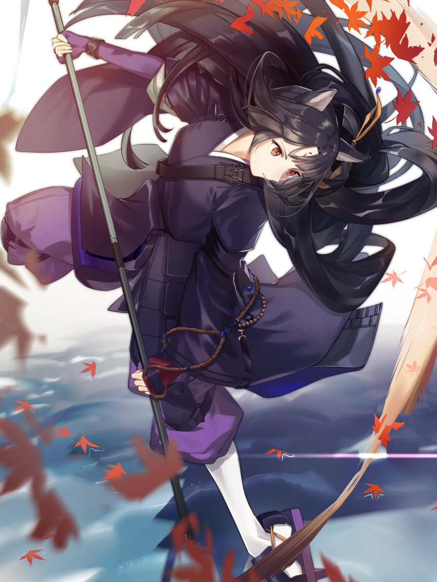 1girl absurdres animal_ears arknights black_hair black_wristband dog_ears elite_ii_(arknights) facial_mark fingerless_gloves forehead_mark full_body geta geta_(epicure_no12) gloves highres holding holding_polearm holding_spear holding_weapon infection_monitor_(arknights) knee_pads leaf leg_up long_hair looking_to_the_side maple_leaf pants polearm purple_footwear purple_gloves purple_pants purple_shirt red_eyes saga_(arknights) shirt socks solo spear weapon white_legwear