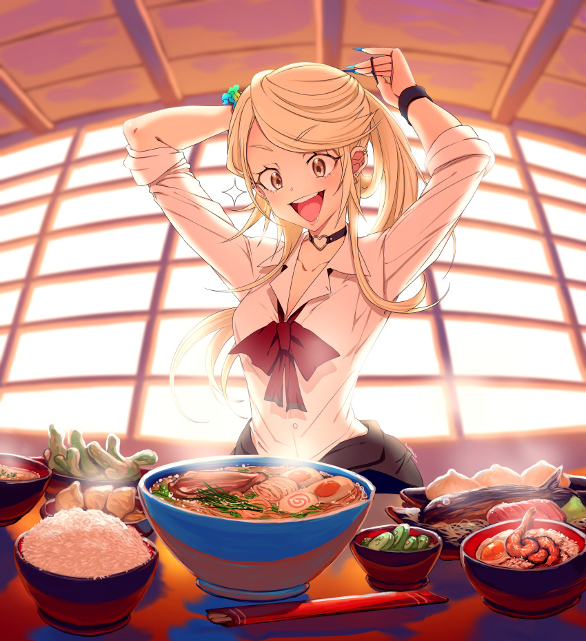 1girl absurdres adjusting_hair arms_behind_head arms_up baozi blonde_hair blue_nails bow bowl chopsticks clip_studio_paint_(medium) collared_shirt commission cucumber_slice dumpling ear_piercing egg egg_yolk eudetenis eyebrows_visible_through_hair food food_focus grilled_fish heart_collar highres kamaboko long_hair miso_soup narutomaki noodles open_mouth original parsley piercing ramen red_neckwear rice_bowl saliva scrunchie shirt shrimp sleeves_rolled_up sliced_meat solo sparkle steam table tongue upper_body upper_teeth white_shirt wooden_ceiling wristband yellow_eyes