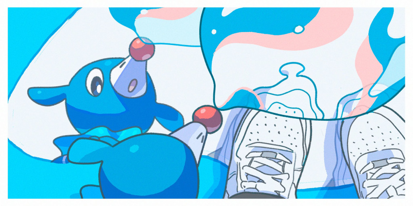 1other border bright_pupils bubble highres looking_down open_mouth pokemon pokemon_(creature) popplio puddle saiku_(zvlku) shoes sneakers standing tongue water white_border white_footwear white_pupils