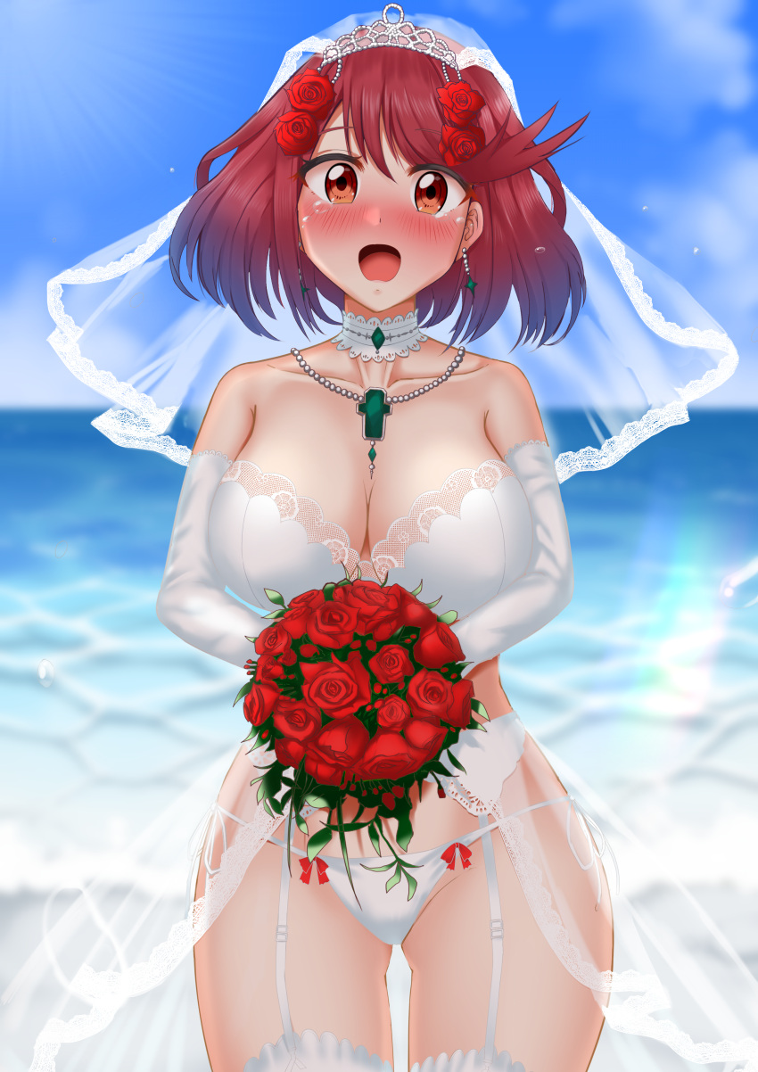 1girl absurdres bangs bouquet breasts bridal_lingerie bridal_veil chest_jewel dress elbow_gloves flower gloves highres holding holding_bouquet ii_tea large_breasts lingerie pyra_(xenoblade) red_eyes redhead short_hair solo swept_bangs underwear veil wedding wedding_dress xenoblade_chronicles_(series) xenoblade_chronicles_2