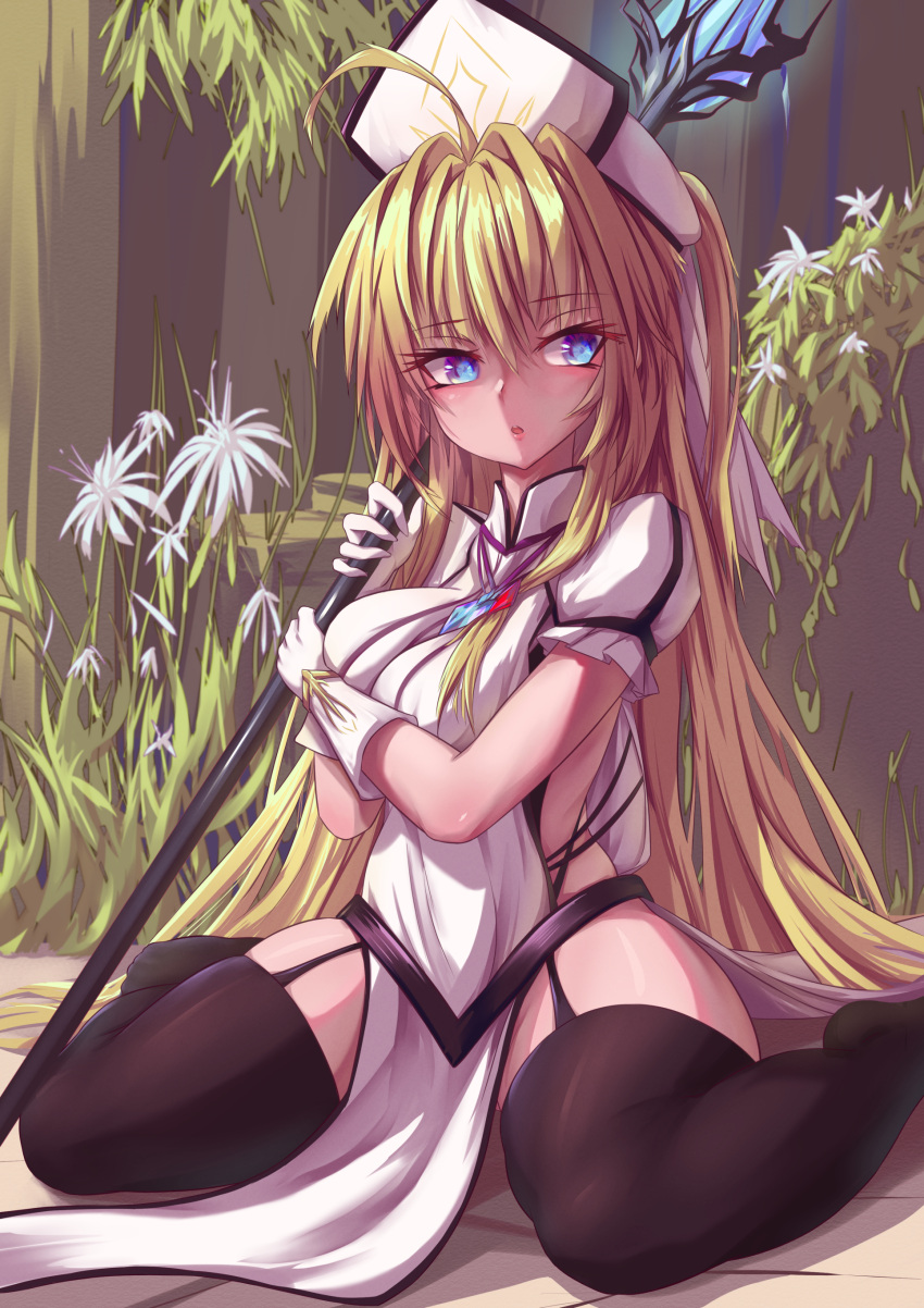 1girl absurdres bangs black_legwear blonde_hair blue_eyes commentary_request eyebrows_visible_through_hair flower frilled_sleeves frills full_body garter_straps highres holding holding_staff lcc long_hair looking_to_the_side mitre no_shoes open_mouth original priest puffy_short_sleeves puffy_sleeves shirt short_sleeves sitting solo staff tabard thigh-highs wariza white_flower white_shirt