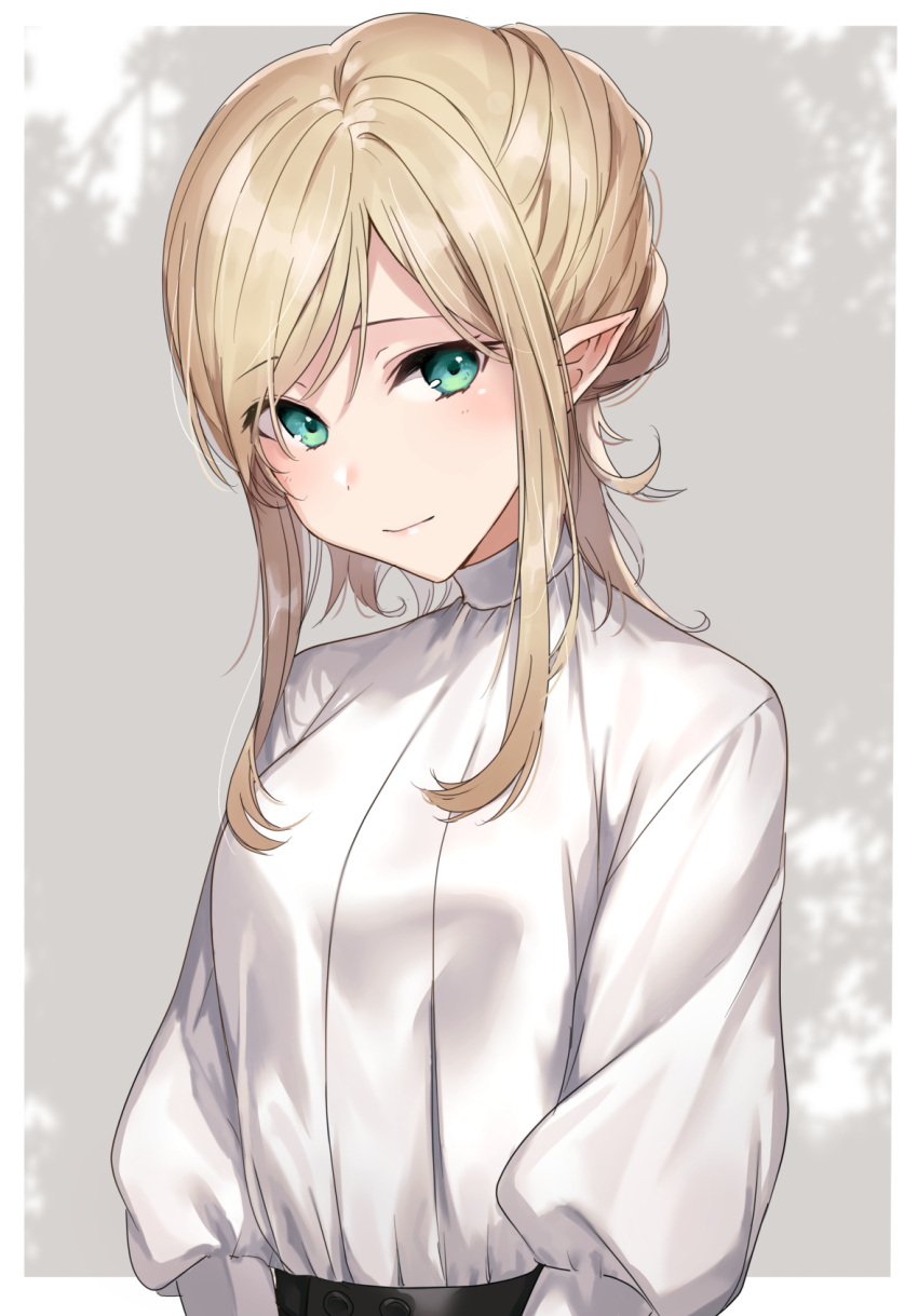 1girl blonde_hair blush breasts closed_mouth commentary_request elf eyebrows_visible_through_hair green_eyes haru_(nakajou-28) head_tilt highres lips long_hair long_sleeves looking_at_viewer original pink_lips pointy_ears shirt sidelocks smile solo upper_body white_shirt