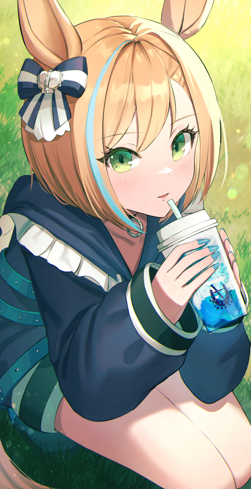 1girl absurdres animal_ears bangs blonde_hair blue_hair blue_jacket blue_nails bow commentary_request cup disposable_cup dolce_(dolsuke) drinking_straw eyebrows_visible_through_hair frills green_eyes hair_bow highres holding holding_cup horse_ears horse_girl horse_tail huge_filesize jacket little_cocon_(umamusume) long_sleeves looking_at_viewer multicolored_hair nail_polish parted_lips puffy_long_sleeves puffy_sleeves short_hair sleeves_past_wrists smile solo squatting streaked_hair striped striped_bow tail umamusume