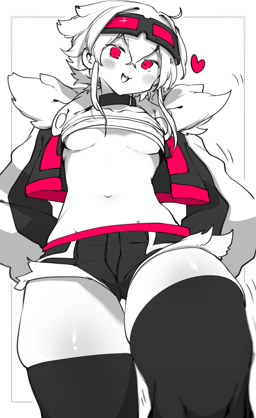 1girl :3 :d absurdres bandeau bangs breasts choker cowboy_shot cropped_jacket crossed_bangs goggles goggles_on_head hair_between_eyes hands_on_hips head_tilt heart highres jacket long_sleeves looking_at_viewer medium_breasts medium_hair micro_shorts navel niwamaru_(niwarhythm) niwarhythm open_clothes open_jacket open_mouth original red_eyes short_shorts shorts smile solo standing stomach thigh-highs under_boob