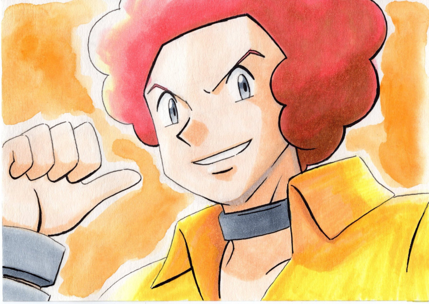 1boy afro bangle bracelet choker collared_shirt commentary_request flint_(pokemon) grey_choker grey_eyes grin hand_up highres jewelry looking_at_viewer male_focus oka_mochi orange_background outline parted_lips pokemon pokemon_(game) pokemon_dppt redhead shirt smile solo thumbs_up traditional_media upper_body yellow_shirt