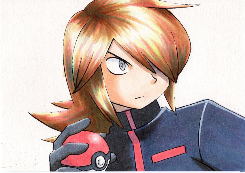 1boy bangs black_jacket brown_hair closed_mouth commentary_request gloves grey_eyes grey_gloves hair_over_one_eye highres holding holding_poke_ball jacket long_hair looking_to_the_side male_focus oka_mochi poke_ball poke_ball_(basic) pokemon pokemon_adventures silver_(pokemon) solo traditional_media turtleneck turtleneck_jacket v-shaped_eyebrows white_background