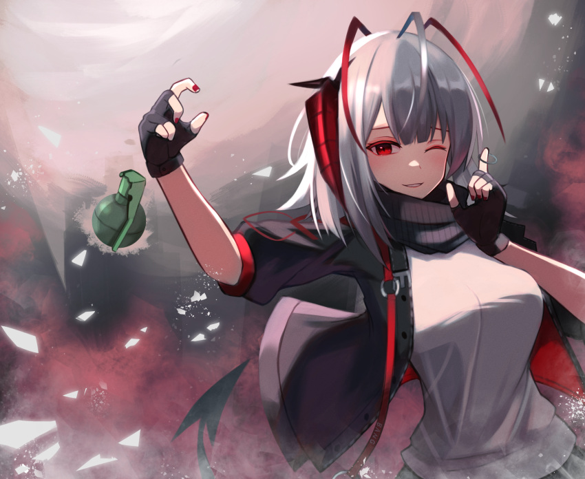 1girl ahoge arknights black_gloves black_jacket black_scarf breasts demon_girl demon_horns demon_tail explosive fingerless_gloves gloves grenade grenade_pin grey_hair grey_shirt highres horns jacket large_breasts looking_at_viewer medium_hair one_eye_closed open_clothes open_jacket parted_lips red_eyes red_nails sanukiske scarf shirt solo tail throwing upper_body w_(arknights)