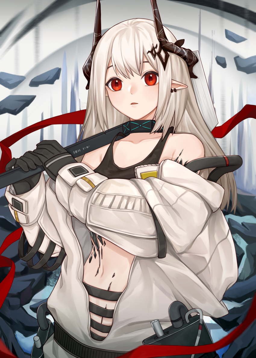 1girl absurdres arknights bangs bare_shoulders black_gloves chinese_commentary collarbone commentary_request crop_top gloves highres horns huge_filesize long_hair long_sleeves looking_at_viewer midriff mudrock_(arknights) navel off_shoulder oripathy_lesion_(arknights) parted_lips pointy_ears red_eyes silver_hair solo sports_bra stomach upper_body yowza