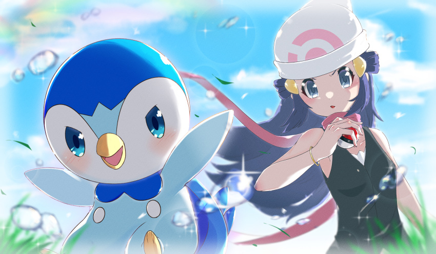 0-ji_(reijikun0219) 1girl absurdres beanie black_shirt blue_eyes blurry blush bracelet clouds commentary_request hikari_(pokemon) day eyelashes floating_hair floating_scarf grey_eyes hair_ornament hairclip hand_up hat highres holding holding_poke_ball huge_filesize jewelry long_hair open_mouth outdoors piplup poke_ball poke_ball_(basic) pokemon pokemon_(creature) pokemon_(game) pokemon_dppt scarf shirt sky sleeveless sleeveless_shirt sparkle toes tongue water water_drop white_headwear
