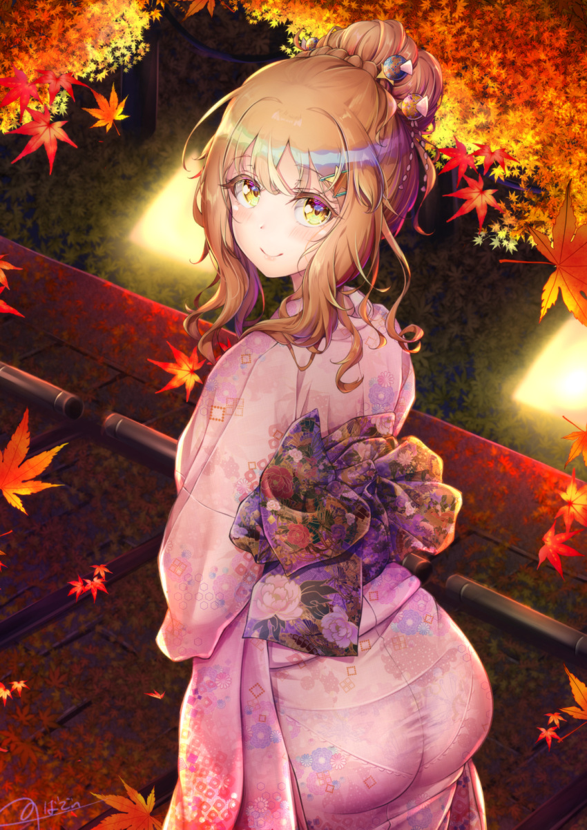 1boy ass autumn_leaves bangs blush closed_mouth commentary_request eyebrows_visible_through_hair floral_print from_above hair_bun highres japanese_clothes kimono lantern leaf long_hair looking_at_viewer looking_to_the_side maple_leaf natsusora_wakana night novady obi orange_hair original otoko_no_ko outdoors pantylines pink_kimono print_kimono sash sidelocks smile taut_clothes wide_sleeves yellow_eyes