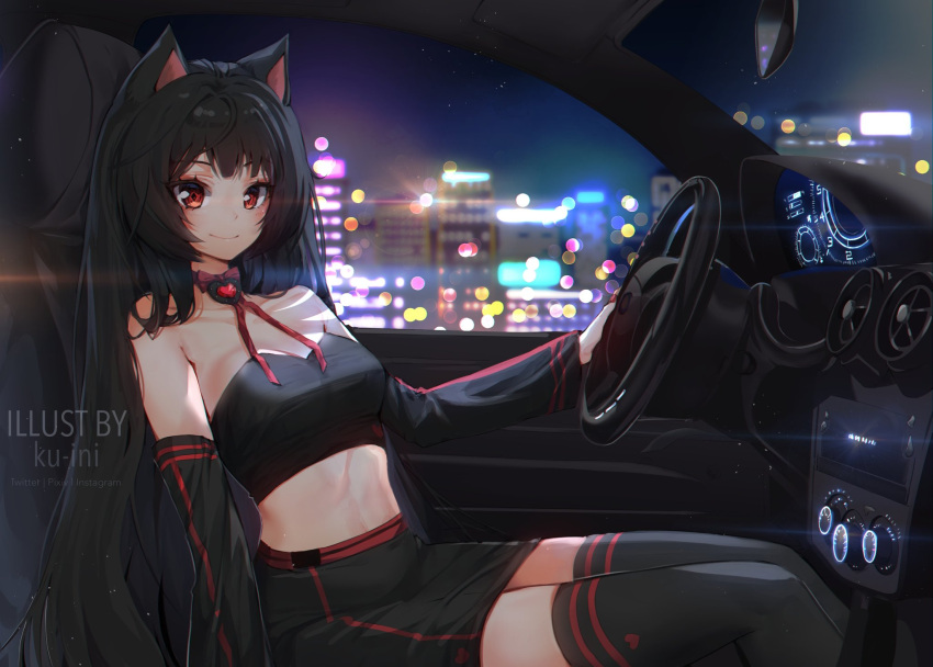 1girl animal_ears artist_name black_hair black_legwear black_skirt black_tube_top blurry breasts car_interior detached_sleeves english_commentary feet_out_of_frame from_side highres ku-ini lanfear long_hair looking_at_viewer medium_breasts midriff miniskirt neck_ribbon night red_eyes red_neckwear ribbon sitting skirt solo strapless thigh-highs tube_top very_long_hair vrchat