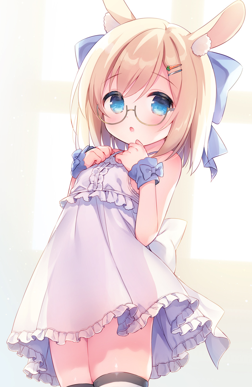 1girl :o animal_ear_fluff animal_ears bangs bare_shoulders blonde_hair blue_bow blush bow breasts brown-framed_eyewear carrot_hair_ornament center_frills commentary_request commission dress eyebrows_visible_through_hair food-themed_hair_ornament frilled_dress frills glasses hair_between_eyes hair_bow hair_ornament hairclip hands_up highres looking_at_viewer original parted_lips pixiv_request rabbit_ears semi-rimless_eyewear sleeveless sleeveless_dress small_breasts solo striped striped_legwear thigh-highs under-rim_eyewear usashiro_mani white_dress
