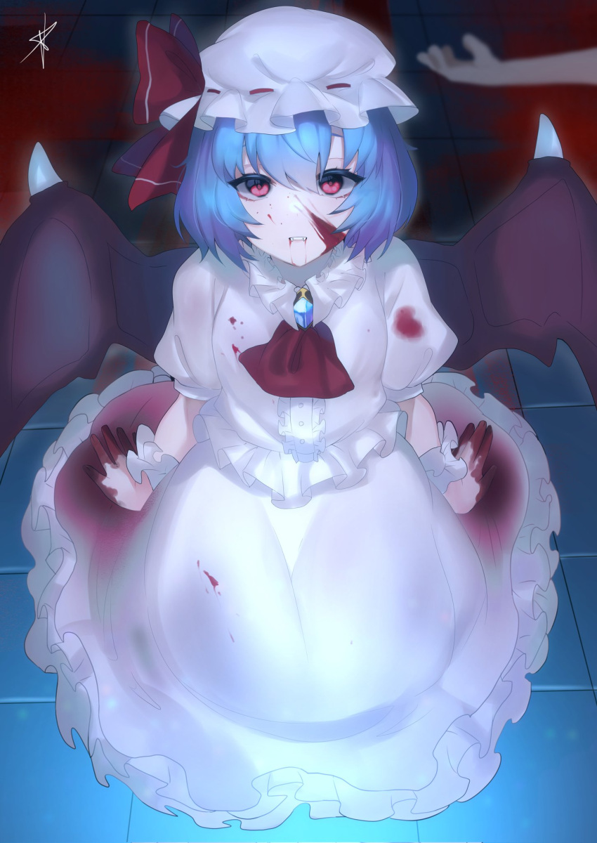 1girl 1other ascot bat_wings blood blood_on_face blood_on_hands blue_hair blurry blurry_background bow breasts brooch center_frills depth_of_field dress expressionless eyebrows_behind_hair fangs frills from_above full_body hair_between_eyes hat hat_bow highres jewelry looking_at_viewer majime_joe mob_cap parted_lips petticoat puffy_short_sleeves puffy_sleeves red_bow red_eyes remilia_scarlet seiza short_hair short_sleeves signature sitting small_breasts tile_floor tiles touhou vampire white_dress white_headwear wings wrist_cuffs