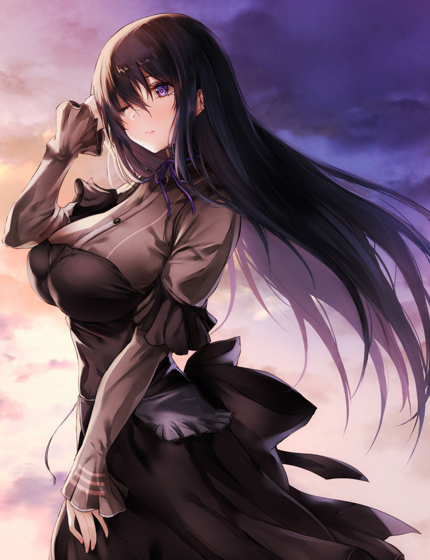 1girl absurdres alice_gear_aegis black_bow black_dress black_hair blush bow breasts clouds cloudy_sky covered_nipples dress eyelashes fingernails frilled_sleeves frills highres kagome_misaki large_bow large_breasts long_hair neck_ribbon one_eye_closed outdoors parted_lips pink_eyes purple_neckwear purple_ribbon puru_(ex-150) ribbon see-through sky sleeves_past_wrists solo violet_eyes wind