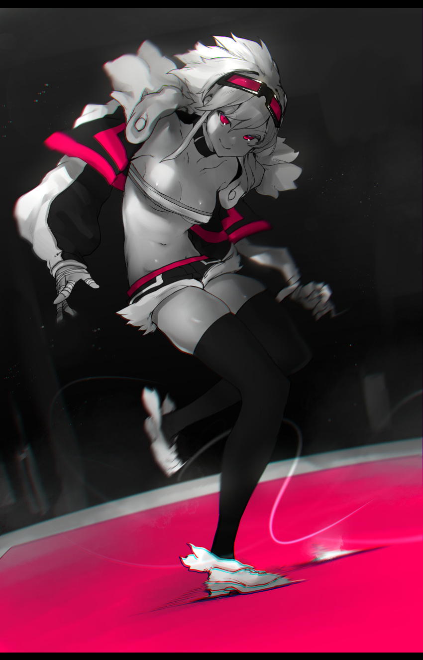 1girl absurdres bandaged_arm bandages bandeau choker closed_mouth cropped_jacket goggles goggles_on_head highres jacket letterboxed long_sleeves looking_at_viewer medium_hair monochrome navel niwamaru_(niwarhythm) niwarhythm open_clothes open_jacket original pink_theme shoes short_shorts shorts smile smug solo standing standing_on_one_leg stomach thigh-highs