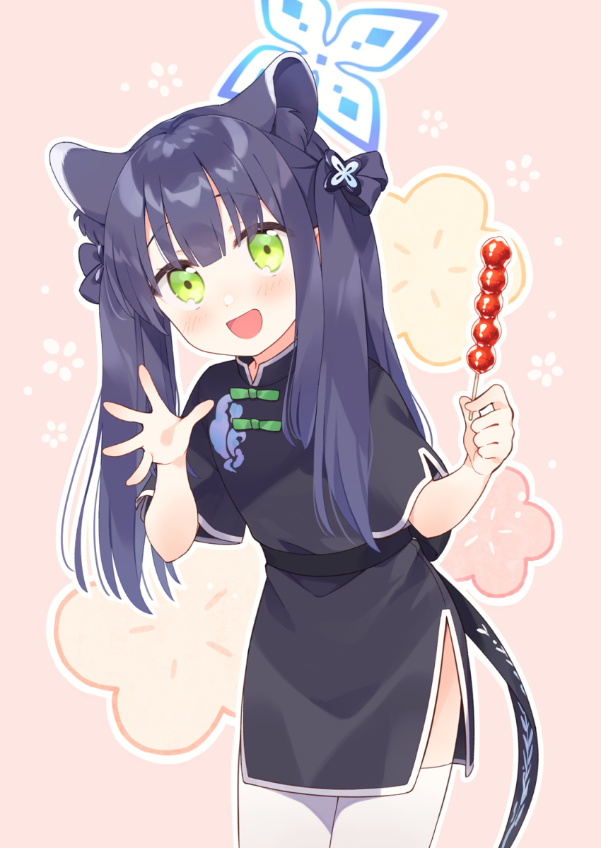 1girl animal_ear_fluff animal_ears bangs black_dress black_hair blue_archive blunt_bangs china_dress chinese_clothes dango dress food green_eyes highres kano_hito long_hair looking_at_viewer open_mouth shun_(blue_archive) skewer smile solo thigh-highs tiger_ears tiger_girl twintails wagashi waving white_legwear