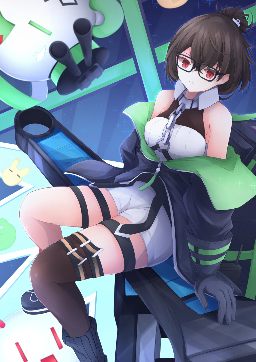 1girl absurdres asymmetrical_legwear azur_lane bare_shoulders black_coat black_gloves breasts brown_hair brown_legwear chain coat from_above glasses gloves hair_ornament hairclip highres indoors ingraham_(azur_lane) leotard medium_breasts medium_hair messy_hair open_clothes open_coat osatou_(soul_of_sugar) red_eyes shorts single_thighhigh sitting solo strapless strapless_leotard thigh-highs white_shorts