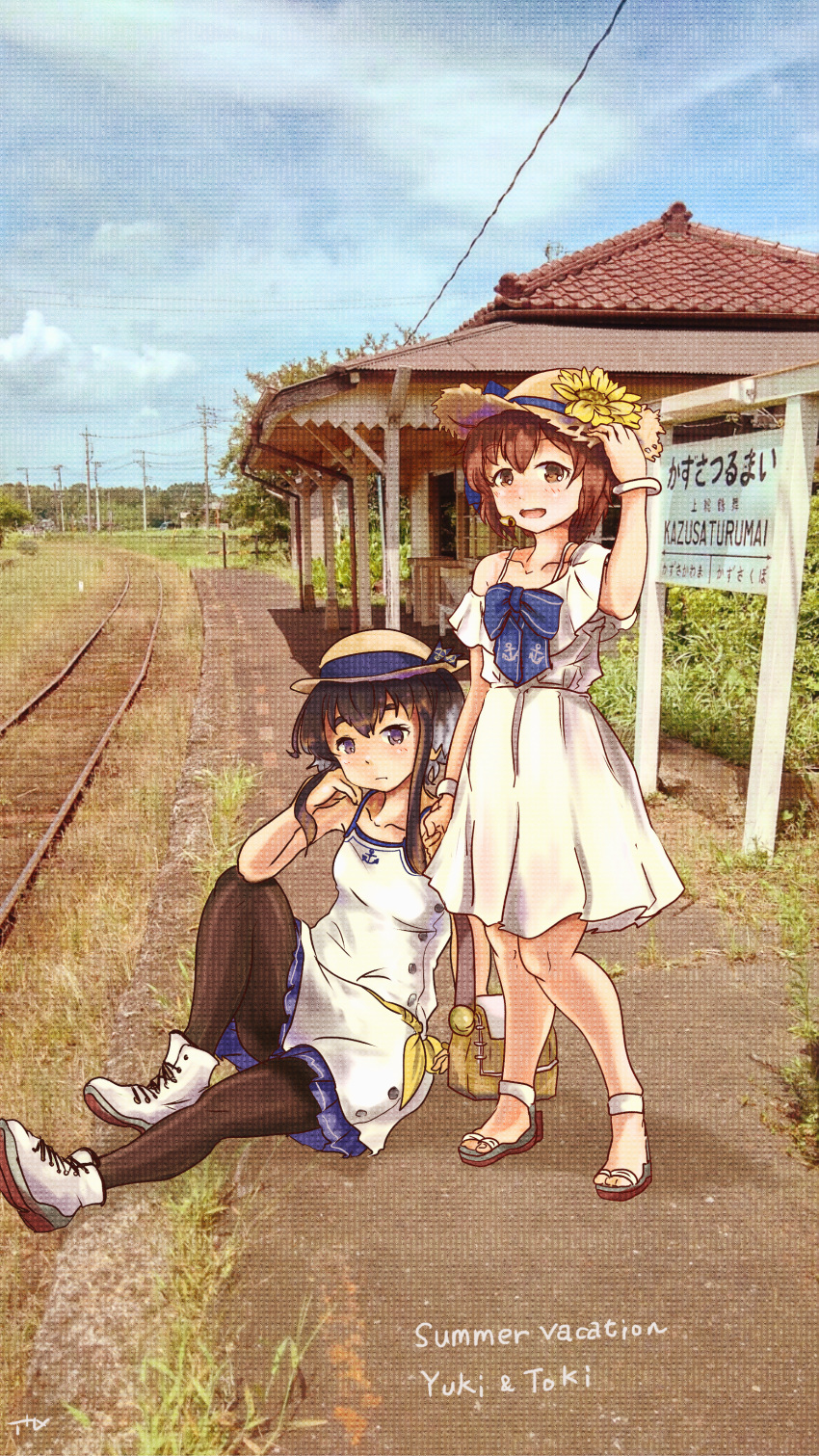2girls absurdres alternate_costume anchor_symbol black_hair black_legwear blue_sky brown_eyes brown_hair clouds commentary_request day dress flower frilled_shorts frills full_body hat headgear highres huge_filesize kantai_collection legwear_under_shorts looking_at_viewer multiple_girls official_alternate_costume outdoors pantyhose photo_background short_hair short_hair_with_long_locks shorts sidelocks sitting sky speaking_tube_headset sun_hat sundress sunflower tank_top thrux tokitsukaze_(kancolle) train_station white_headwear white_shorts yukikaze_(kancolle)