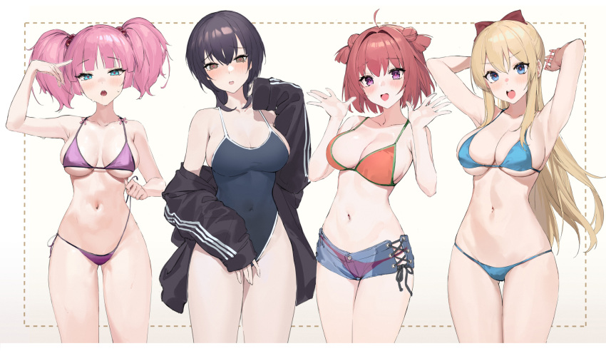 4girls :d :o ahoge akaza_akari arm_up armpits arms_behind_head arms_up bare_arms bare_shoulders bikini black_hair black_jacket blonde_hair blue_bikini blue_eyes blue_shorts bow breasts breasts_apart brown_eyes collarbone covered_navel denim denim_shorts double_bun funami_yui hair_bow hand_up hands_up highleg highleg_swimsuit highres jacket large_breasts long_hair long_sleeves looking_at_viewer multiple_girls navel off_shoulder one-piece_swimsuit open_clothes open_jacket open_mouth orange_bikini pink_hair pre_(preecho) purple_bikini redhead school_swimsuit see-through short_hair short_shorts shorts side-tie_bikini smile spaghetti_strap stomach string_bikini swimsuit thighs toshinou_kyouko twintails untied untied_bikini v-shaped_eyebrows violet_eyes yoshikawa_chinatsu yuru_yuri