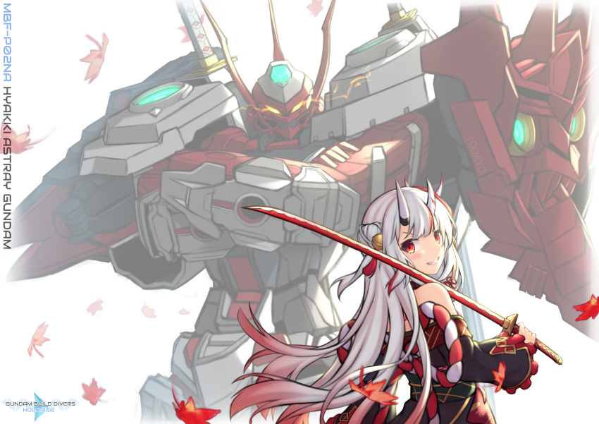 1girl bangs crossed_arms crossover english_commentary fusion glowing glowing_eyes gradient_hair gundam gundam_build_divers gundam_build_divers_re:rise gundam_build_fighters highres holding holding_sword holding_weapon hololive horns logo_parody long_hair mecha mobile_suit multicolored_hair nakiri_ayame oni_horns over_shoulder parody pinguinkotak red_eyes redhead sengoku_astray_gundam silver_hair smile sword title_parody v-shaped_eyebrows virtual_youtuber weapon weapon_over_shoulder yellow_eyes