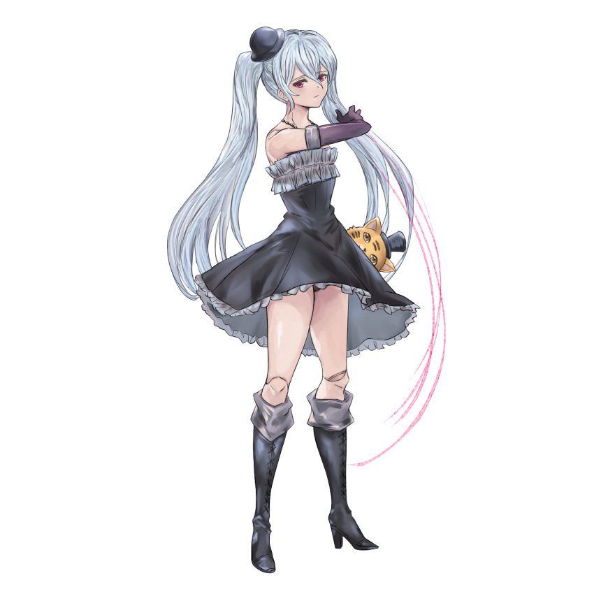 1girl bare_shoulders black_dress black_footwear black_headwear boots closed_mouth doll_joints dress elbow_gloves eyebrows_visible_through_hair frilled_dress frills gloves granblue_fantasy grey_hair hair_between_eyes hat high_heel_boots high_heels highres jewelry joints long_hair necklace off-shoulder_dress off_shoulder orchis purple_gloves simple_background single_bare_shoulder solo standing string stuffed_animal stuffed_toy twintails violet_eyes white_background yamada1008b