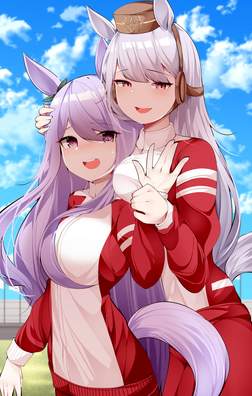 2girls :d @_@ \||/ absurdres animal_ears bangs blurry blurry_background blush border bow bowtie breasts clouds cloudy_sky commentary_request cowboy_shot day dress ear_covers eyebrows_visible_through_hair gold_ship_(umamusume) green_ribbon hair_ribbon half-closed_eyes hand_on_another's_head hand_up hat height_difference highres horse_ears horse_tail large_breasts light_smile long_hair looking_at_another mejiro_mcqueen_(umamusume) multiple_girls nervous_smile nose_blush open_mouth outdoors outside_border pink_eyes red_bow red_dress red_neckwear ribbon samip skirt sky smile swept_bangs tail track_suit umamusume v very_long_hair viewfinder violet_eyes white_border yuri