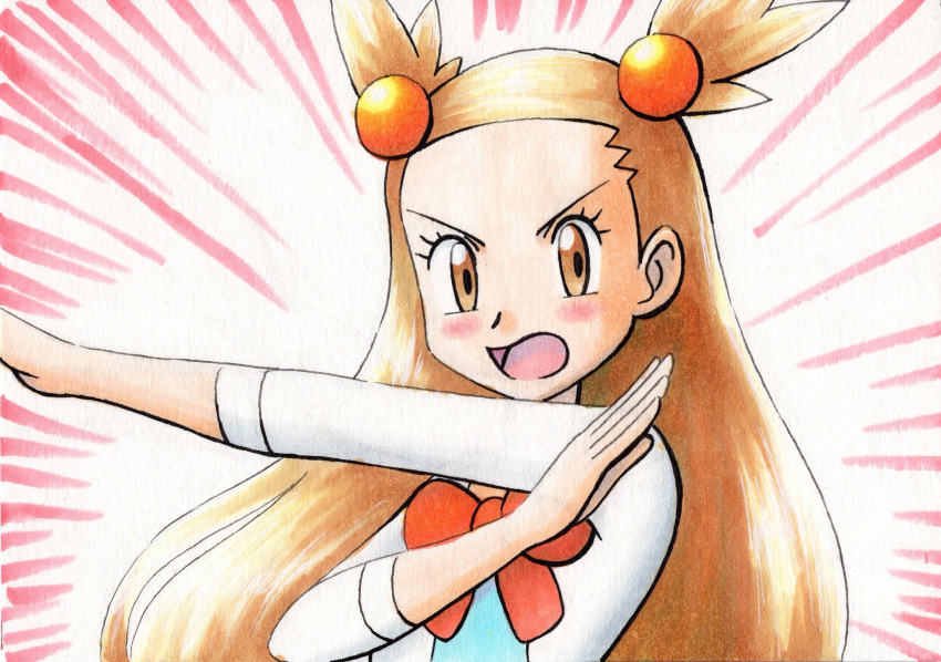 1girl blush bow brown_eyes brown_hair commentary_request dress emphasis_lines eyelashes hair_bobbles hair_ornament hand_up highres jasmine_(pokemon) long_hair looking_at_viewer oka_mochi open_mouth orange_bow outstretched_arm pokemon pokemon_(game) pokemon_hgss pose solo tongue traditional_media two_side_up