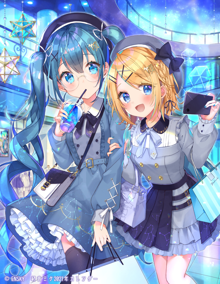 1girl 2girls absurdres alternate_costume aqua_eyes aqua_hair bag bangs beret bespectacled blonde_hair blue_eyes buttons cellphone double-breasted dress feet_out_of_frame frills glasses hair_between_eyes hair_ornament hairclip hat hatsune_miku highres holding_another's_arm kagamine_rin leaning_forward long_hair long_sleeves medium_hair miniskirt multiple_girls official_art phone shiori_(xxxsi) shopping_bag skirt smartphone swept_bangs taking_picture twintails very_long_hair vocaloid