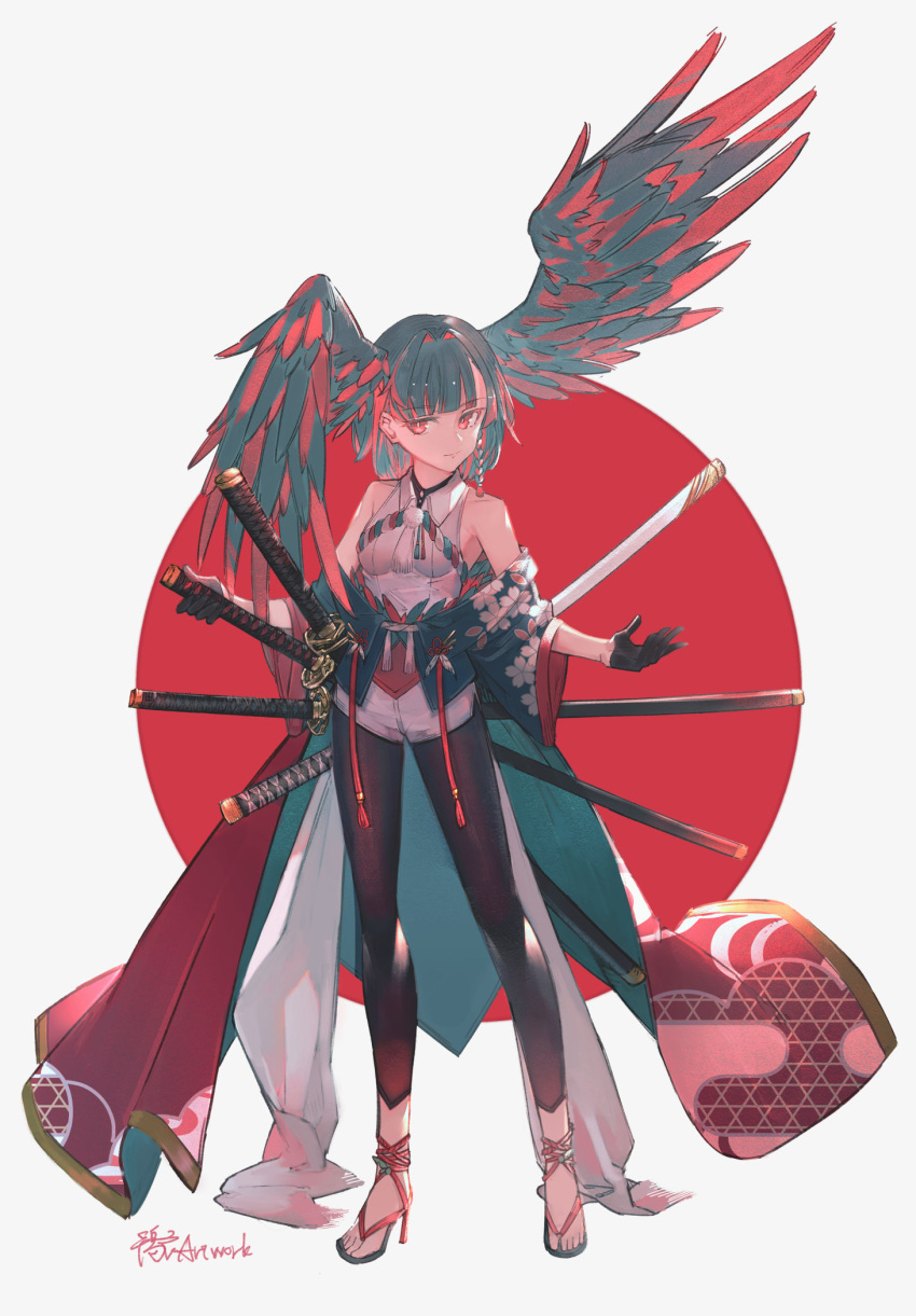 1girl black_gloves black_legwear blue_cape blue_hair blue_jacket braid cape circle commentary_request eyebrows_visible_through_hair floral_print full_body gloves grey_background half_gloves head_wings high_heels highres jacket katana leggings looking_at_viewer multicolored_hair multiple_swords off_shoulder official_art original pink_eyes pink_hair print_jacket red_background red_cape shirt short_hair shorts side_braid signature simple_background sleeveless sleeveless_shirt smile solo streaked_hair sword tassel two-sided_cape two-sided_fabric two-tone_dress watori_re weapon white_shirt white_shorts