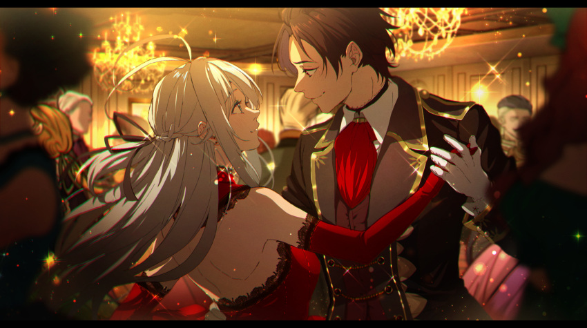 2girls 4boys 86_-eightysix- antenna_hair bare_shoulders blonde_hair blurry blurry_foreground brown_hair chandelier dancing detached_sleeves dress english_commentary eye_contact faceless faceless_male formal gloves gold_trim hair_tie hetero highres holding_hands indoors kagura_kurosaki long_hair looking_at_another multiple_boys multiple_girls red_dress red_neckwear shinei_nouzen smile suit vladilena_millize white_gloves white_hair