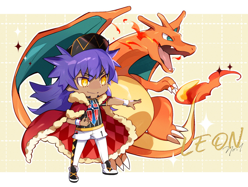 1boy akeno06 argyle bangs baseball_cap cape champion_uniform character_name charizard closed_mouth commentary_request dark-skinned_male dark_skin dynamax_band facial_hair fire fur-trimmed_cape fur_trim gen_1_pokemon hat highres leggings leon_(pokemon) long_hair male_focus outstretched_arm pokemon pokemon_(game) pokemon_swsh purple_hair red_cape shield_print shirt shoes short_shorts short_sleeves shorts smile sparkle standing sword_print white_legwear white_shorts yellow_eyes