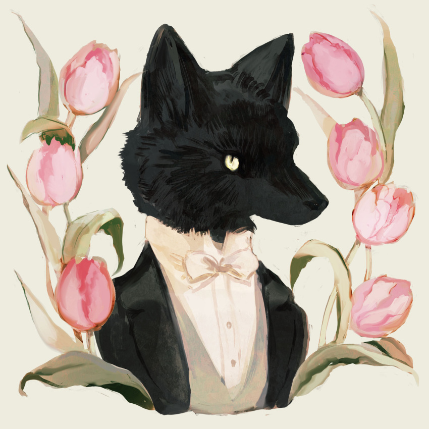1boy animal animal_focus black_jacket bow bowtie closed_mouth commentary dress_shirt english_commentary flower green_background green_vest high_collar highres jacket no_humans original pink_flower pink_tulip portrait shirt simple_background slit_pupils solo suit tono_(rt0no) tulip vest white_bow white_bowtie white_shirt wolf yellow_eyes