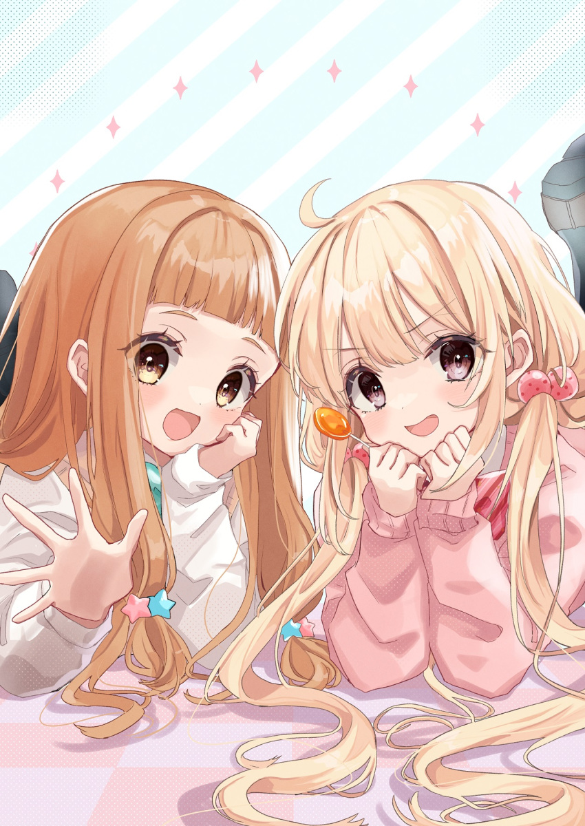 2girls :d blonde_hair blush brown_eyes brown_hair candy checkered checkered_floor commentary_request diagonal_stripes food futaba_anzu hair_bobbles hair_ornament highres holding holding_candy holding_food holding_lollipop ichihara_nina idolmaster idolmaster_cinderella_girls idolmaster_cinderella_girls_starlight_stage lollipop long_hair long_sleeves looking_at_viewer low_twintails lying multiple_girls on_stomach open_mouth pink_sweater rino_cnc shirt sleeves_past_wrists smile star_(symbol) star_hair_ornament striped striped_background sweater twintails very_long_hair white_shirt