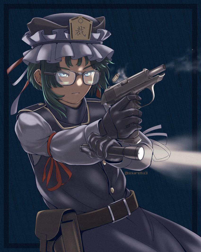 1girl absurdres asymmetrical_hair belt bespectacled black_gloves blue_eyes collared_vest dim_lighting flashlight frilled_hat frills glasses gloves green_hair gun handgun hat highres holding holding_gun holding_weapon holster shiki_eiki sleeve_bow solo soretsu_nitohei touhou vest walther walther_ppk weapon