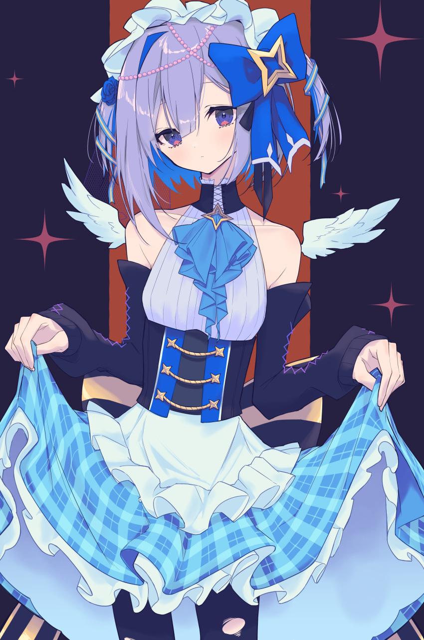 absurdres amane_kanata angel angel_wings apron asymmetrical_bangs asymmetrical_hair bangs blue_hair blue_wings bob_cut bodice bow colored_inner_hair detached_sleeves feathered_wings frilled_apron frilled_hairband frills gradient gradient_wings hair_ornament hair_over_one_eye hairband highres hikap hololive maid maid_apron maid_headdress mini_wings multicolored multicolored_hair multicolored_wings pantyhose pearl_hair_ornament plaid plaid_skirt short_hair silver_hair single_hair_intake skirt star_(symbol) star_hair_ornament streaked_hair torn_clothes torn_legwear turtleneck_dress two_side_up violet_eyes virtual_youtuber white_wings wings