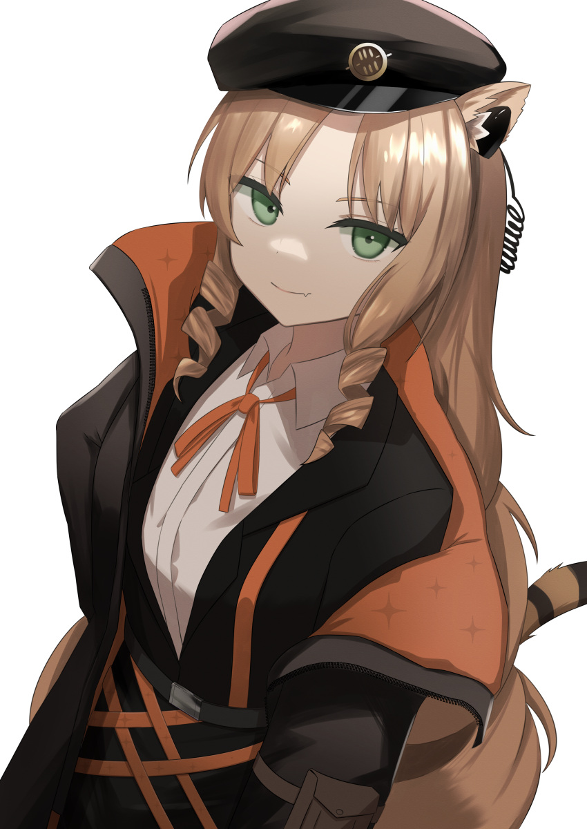 1girl absurdres animal_ears arknights beret black_headwear black_jacket black_shirt bow bowtie drill_hair earpiece fang green_eyes hat highres jacket kukuku_(kuruta_39) looking_at_viewer open_clothes open_jacket orange_neckwear shirt sidelocks simple_background solo swire_(arknights) tail tiger_ears tiger_tail twin_drills undershirt upper_body white_background white_shirt