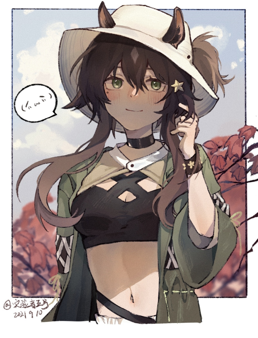 1girl animal_ears arknights black_choker breasts brown_hair choker crop_top dated ears_through_headwear green_eyes green_jacket hair_ornament highres jacket long_hair long_sleeves looking_at_viewer medium_breasts meteor_(arknights) meteor_(bard's_holiday)_(arknights) midriff navel official_alternate_costume open_clothes open_jacket shiyanyuan_wuhao smile solo star_(symbol) star_hair_ornament stomach upper_body white_headwear wristband