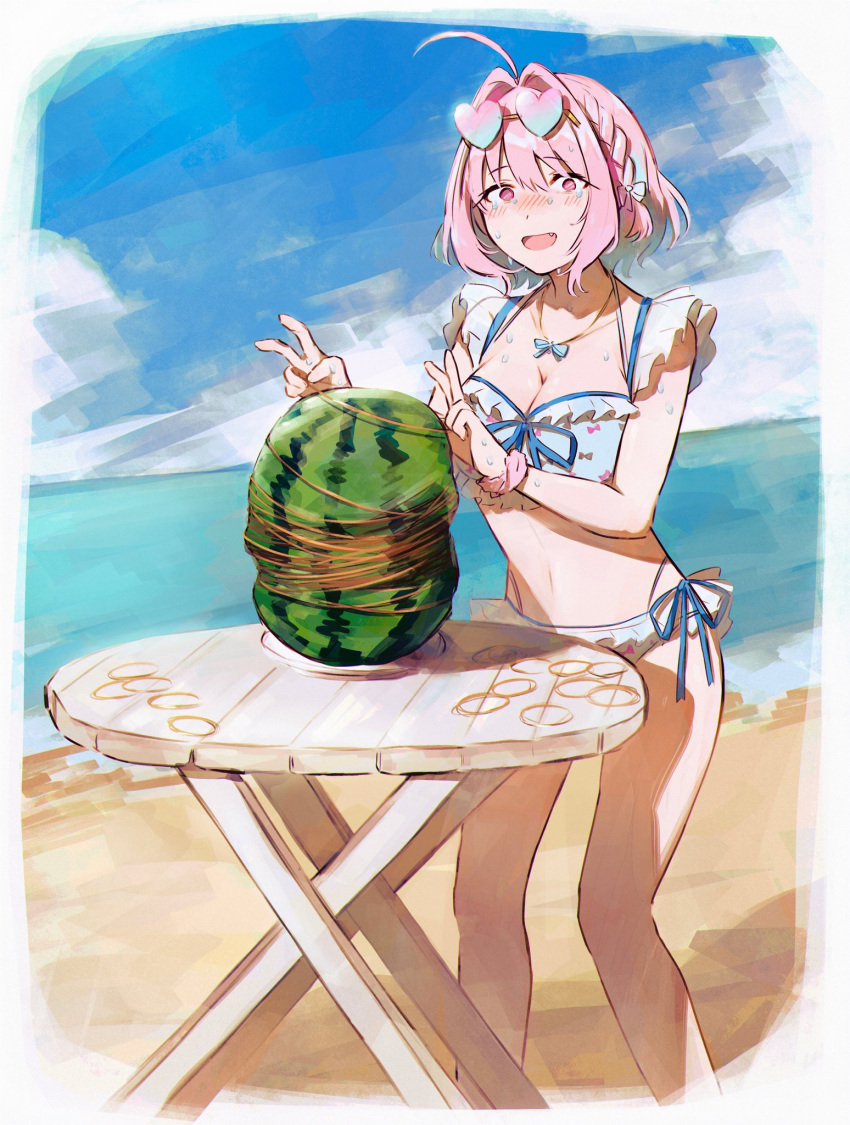 1girl ahoge bikini blue_bikini blue_hair blue_ribbon blue_sky blush braid breasts clouds crying crying_with_eyes_open day double_v empty_eyes eyebrows_visible_through_hair eyewear_on_head fang food frilled_bikini frills fruit hamachamu hands_up heart heart-shaped_eyewear highres idolmaster idolmaster_cinderella_girls large_breasts legs_apart looking_at_viewer multicolored_hair nose_blush open_mouth outdoors pink_eyes pink_hair ribbon scrunchie single_braid sky solo standing sunglasses swimsuit table tears thighs two-tone_hair v watermelon wrist_scrunchie yumemi_riamu