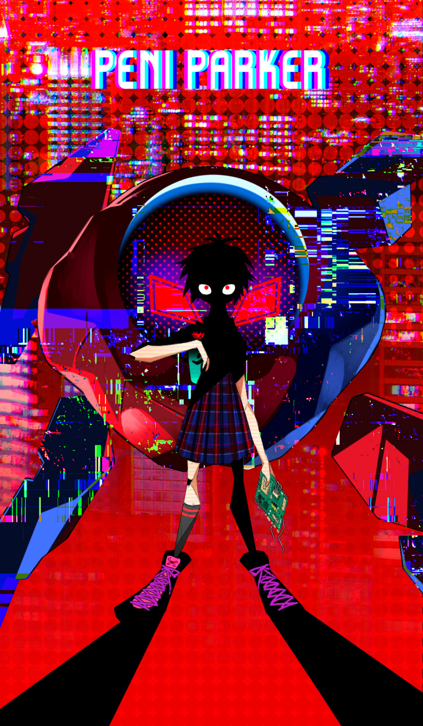 backpack bag black_footwear black_legwear full_body glitch green_bag highres koug00 looking_at_viewer medium_hair motherboard peni_parker pleated_skirt red_background red_eyes robot school_uniform shaded_face shadow shirt shoes short_hair skirt sp//dr spider-man:_into_the_spider-verse spider-man_(series) standing