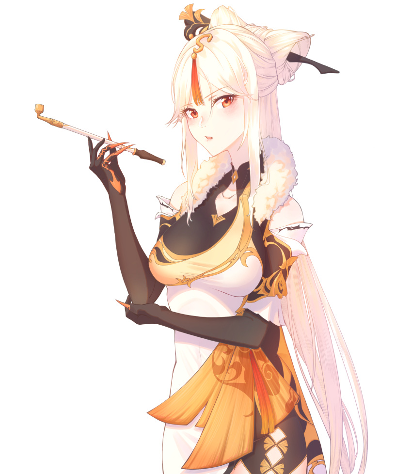 1girl absurdres bangs black_gloves china_dress chinese_clothes claws commentary_request detached_sleeves dress elbow_gloves eyebrows_visible_through_hair fur_scarf fur_trim genshin_impact gloves hair_bun hair_ornament hairpin highres holding holding_pipe long_hair looking_at_viewer ningguang_(genshin_impact) orange_eyes pipe sidelocks simple_background skimun solo white_background white_hair