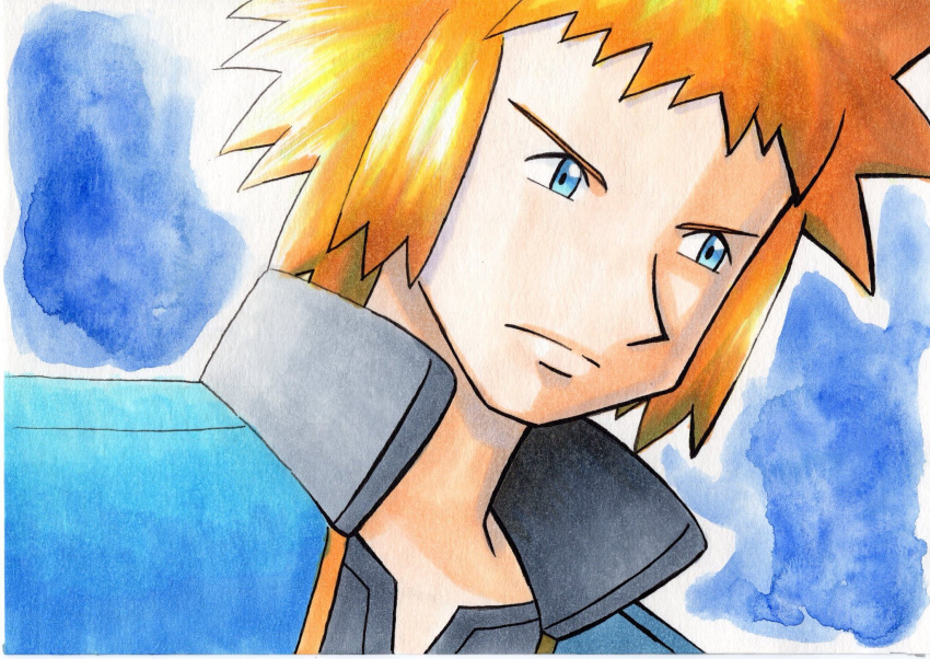 1boy bangs black_shirt blonde_hair blue_background blue_eyes blue_jacket closed_mouth commentary_request frown high_collar highres jacket looking_down male_focus oka_mochi open_clothes open_jacket pokemon pokemon_(game) pokemon_dppt shirt solo spiky_hair traditional_media volkner_(pokemon)