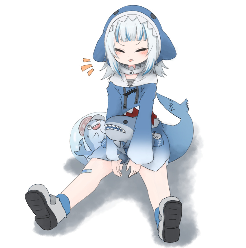 1girl animal_costume animal_hood bangs bloop_(gawr_gura) blue_hair blue_hoodie blunt_bangs blush closed_eyes emphasis_lines fish_tail full_body gawr_gura grey_hair highres hololive hololive_english hood hoodie long_sleeves medium_hair multicolored_hair notice_lines shark_costume shark_girl shark_hood shark_tail shoes simple_background sitting sneakers solo streaked_hair stuffed_animal stuffed_shark stuffed_toy tail tongue tongue_out tonton_(tonz159) virtual_youtuber white_background white_footwear