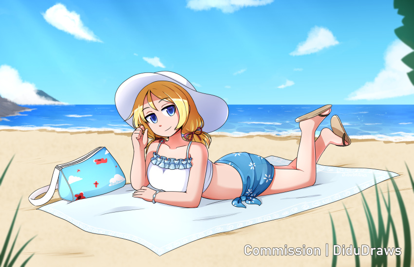 100_percent_orange_juice 1girl artist_request bag beach beach_towel bikini blonde_hair blue_bikini blue_eyes blue_sarong bracelet breasts closed_mouth collarbone eyebrows_visible_through_hair fernet_(red_barrel) flying_red_barrel frilled_bikini frills hair_ribbon hat highres jewelry legs_up looking_at_viewer lying medium_hair multicolored multicolored_bikini multicolored_clothes on_stomach ribbon sandals sarong small_breasts smile solo swimsuit towel white_headwear