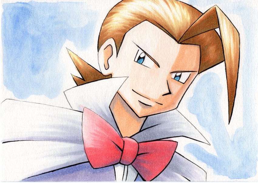 1boy bangs blue_background blue_eyes bow brown_hair cape closed_mouth commentary_request eusine_(pokemon) highres jacket male_focus medium_hair oka_mochi pokemon pokemon_(game) pokemon_gsc purple_jacket red_bow smile solo traditional_media upper_body white_cape