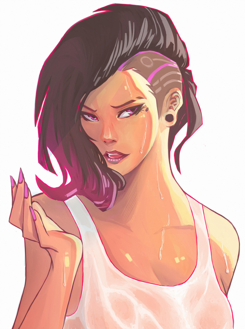 1girl absurdres alfredowkwk backlighting dark_skin ear_piercing fingernails hand_up highres lips looking_to_the_side mohawk mole multicolored_hair overwatch parted_lips piercing pink_eyes pink_nails shiny shiny_skin sombra_(overwatch) sweat tank_top turning_head upper_body wet wet_clothes white_background