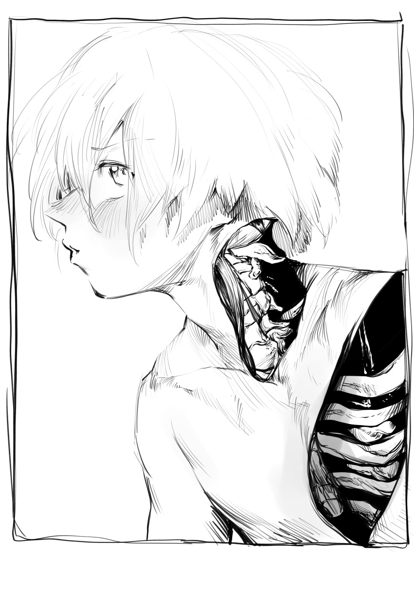 1boy absurdres blush border from_side frown greyscale highres hole_in_chest hole_on_body looking_at_viewer looking_to_the_side male_focus monochrome niwarhythm nude original profile ribs sideways_glance skeleton solo spine upper_body white_border