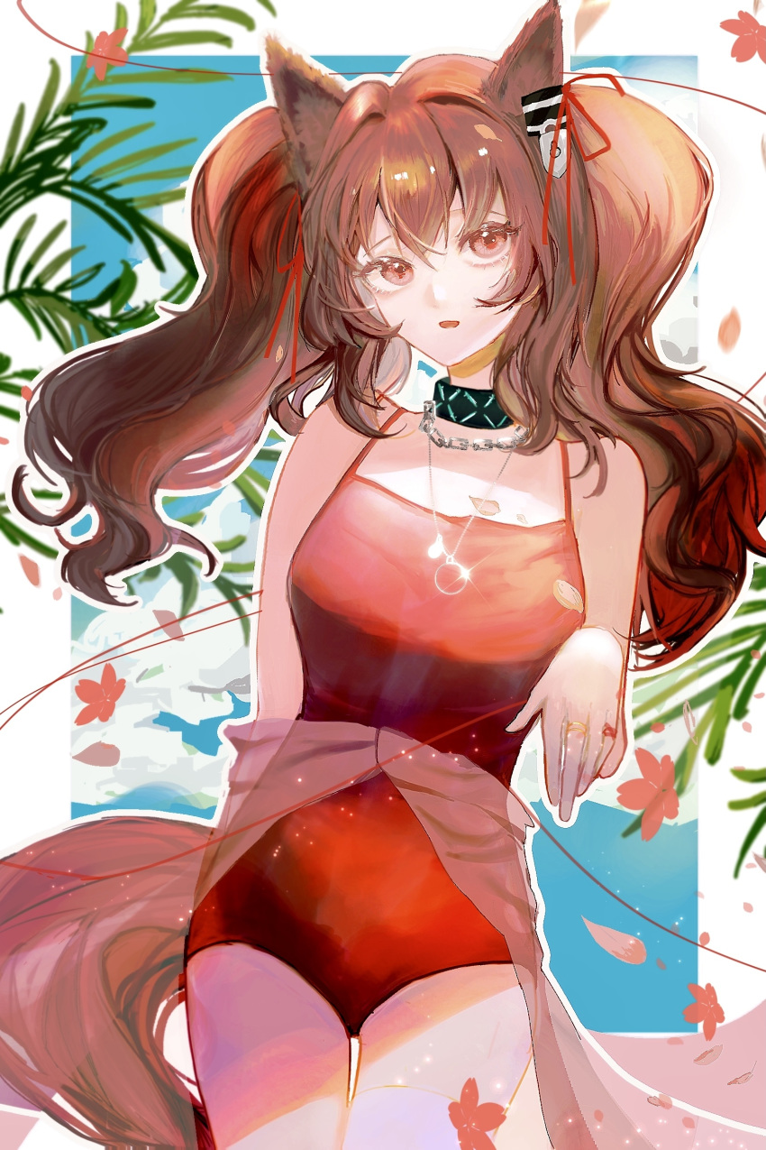 1girl absurdres angelina_(arknights) angelina_(summer_flowers)_(arknights) animal_ears arknights bangs bare_shoulders brown_hair chequita452 chinese_commentary fox_ears fox_girl fox_tail highres infection_monitor_(arknights) jewelry long_hair necklace official_alternate_costume one-piece_swimsuit parted_lips red_eyes solo swimsuit tail