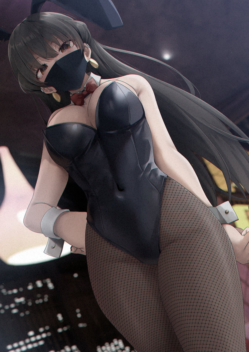 1girl animal_ears bangs black_hair black_leotard black_mask blurry blurry_background bow bowtie breasts brown_hair covered_navel detached_collar earrings fishnet_legwear fishnets from_below hair_between_eyes hand_on_hip highres jewelry large_breasts leotard long_hair looking_at_viewer looking_down mask mouth_mask original pantyhose playboy_bunny rabbit_ears red_neckwear ryouma_(galley) solo wrist_cuffs