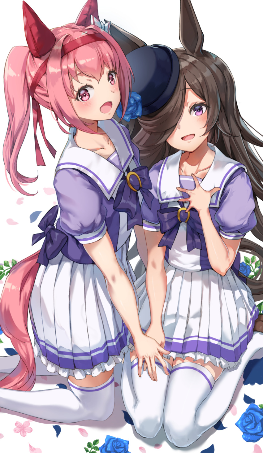 2girls :d animal_ears bangs black_headwear blue_flower blue_rose blush bow bowtie brown_hair commentary_request ear_covers eyebrows_visible_through_hair flower frilled_skirt frills hair_intakes hair_over_one_eye hand_on_another's_thigh hand_on_own_chest hand_on_own_thigh hand_up haru_urara_(umamusume) hat hat_flower headband highres horse_ears horse_girl horse_tail horseshoe_ornament kneeling long_hair looking_at_viewer multiple_girls open_mouth pink_hair pleated_skirt puffy_short_sleeves puffy_sleeves purple_bow purple_shirt red_headband rice_shower_(umamusume) rose school_uniform shirt short_sleeves simple_background sitting skirt smile tail thigh-highs tracen_school_uniform umamusume violet_eyes wariza white_background white_legwear white_skirt yu_ni_t